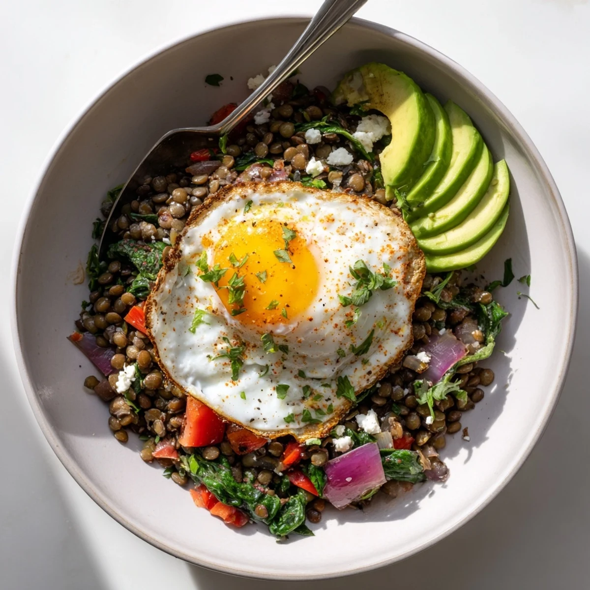 Fresh herbs and crumbled feta garnish this hearty Savory Lentil Breakfast Bowl for a protein-packed start.