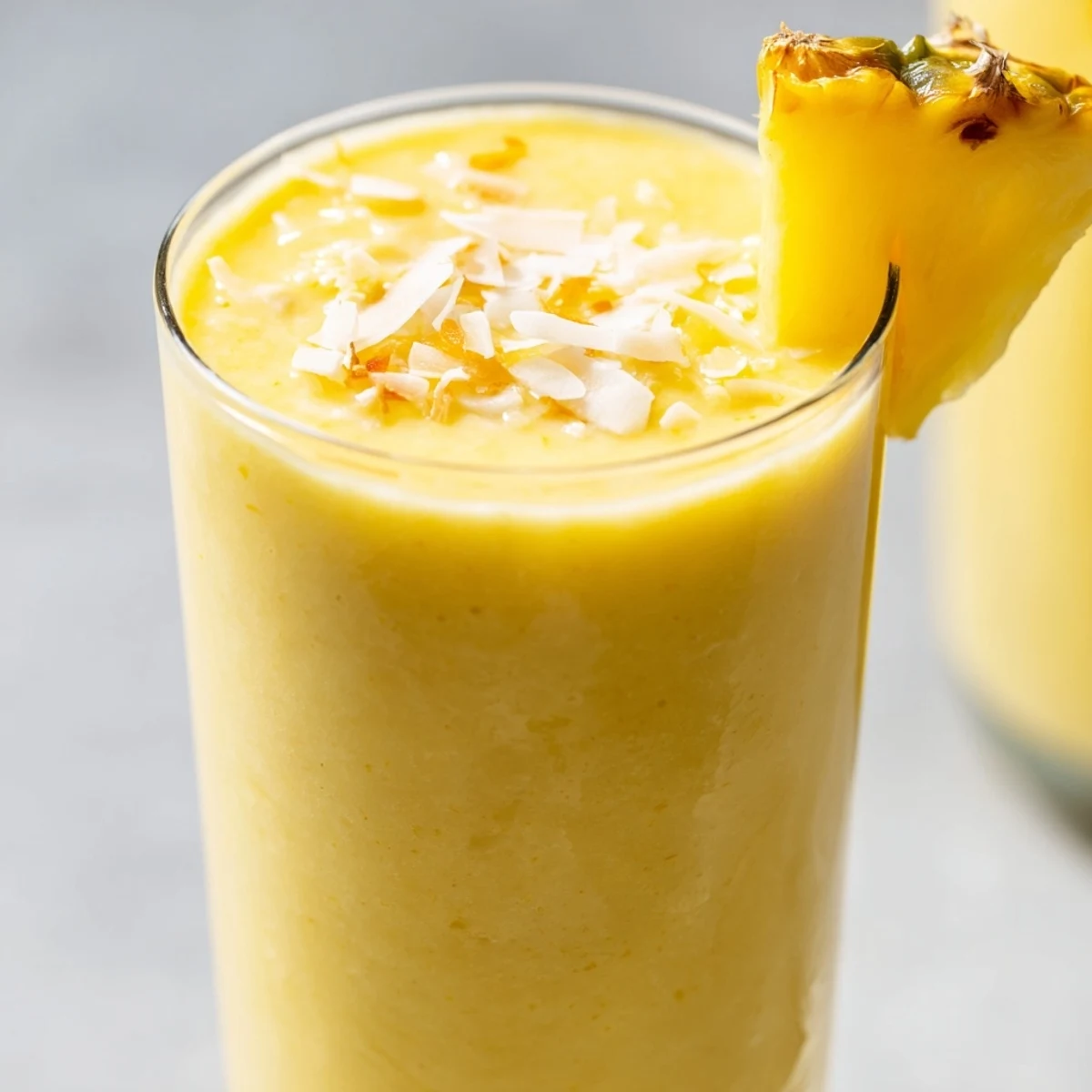 A tall glass of Pineapple Coconut Smoothie with creamy texture and a pineapple garnish.