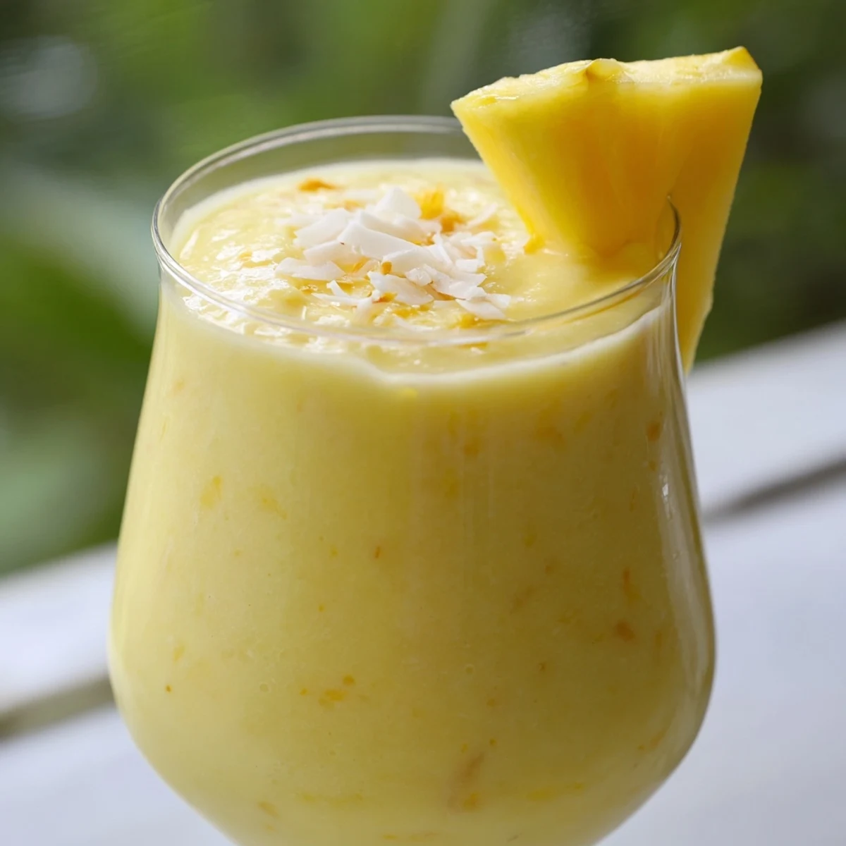 A vibrant Pineapple Coconut Smoothie in a clear glass beside fresh pineapple slices.