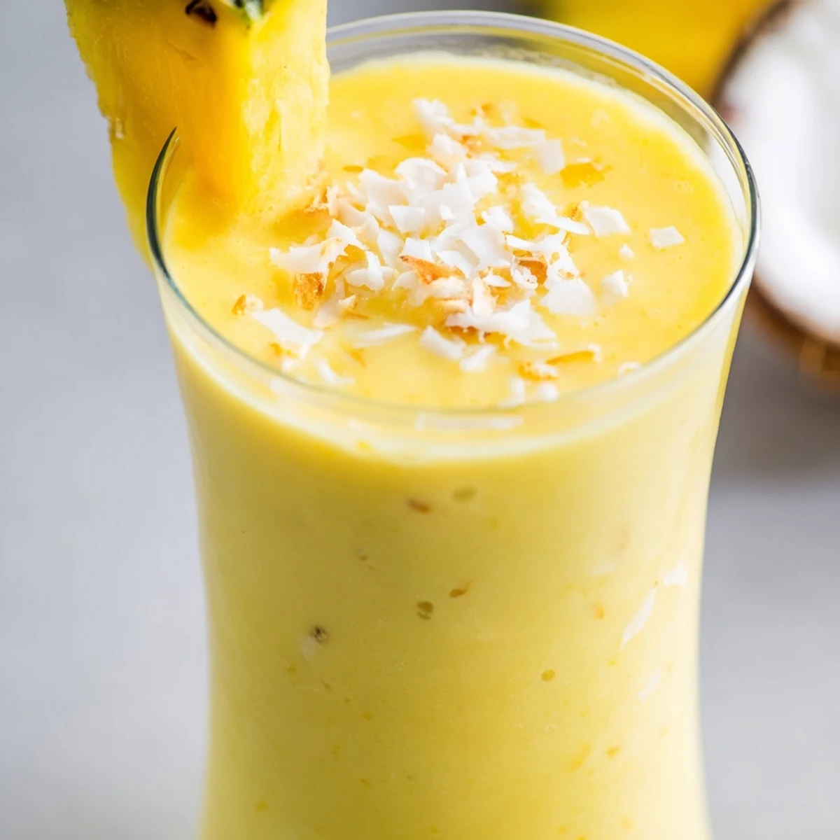 This Pineapple Coconut Smoothie is served over ice with shredded coconut on top.