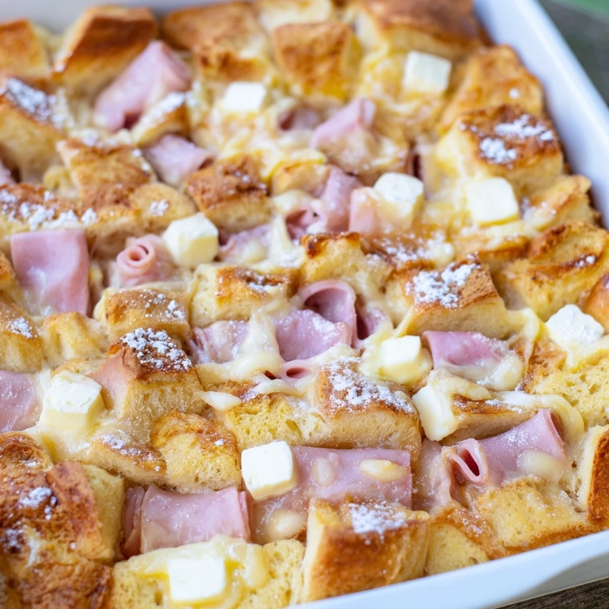 Golden-brown Monte Cristo Breakfast Casserole features layers of ham, turkey, Swiss cheese, and brioche, dusted with powdered sugar.