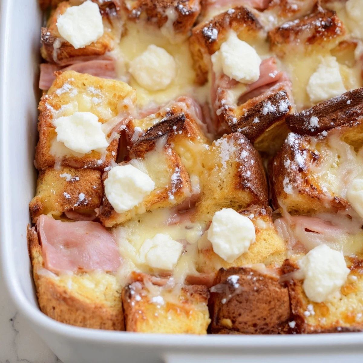 A close-up of Monte Cristo Breakfast Casserole served warm with raspberry preserves and a dusting of powdered sugar.