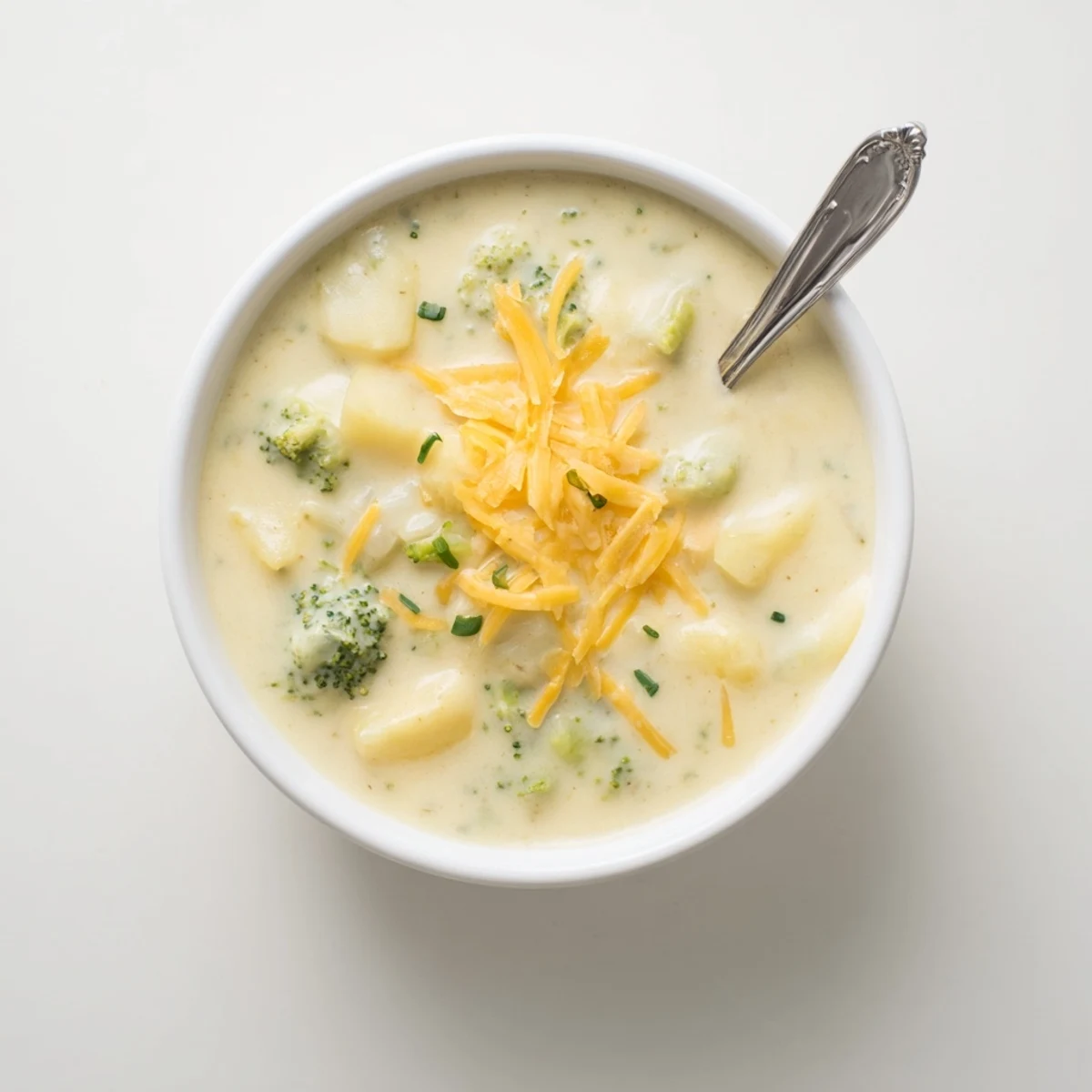 Creamy Cheesy Broccoli Potato Soup steaming in a rustic bowl, topped with extra cheddar and fresh chives.  