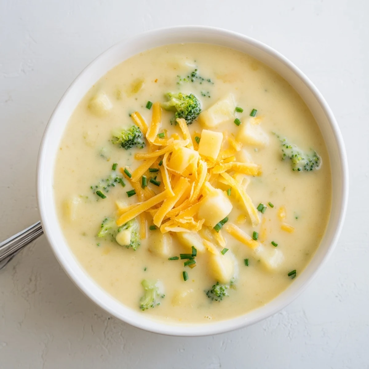 Comforting bowl of Creamy Cheesy Broccoli Potato Soup with melted cheese and a sprinkle of paprika, perfect for chilly nights.