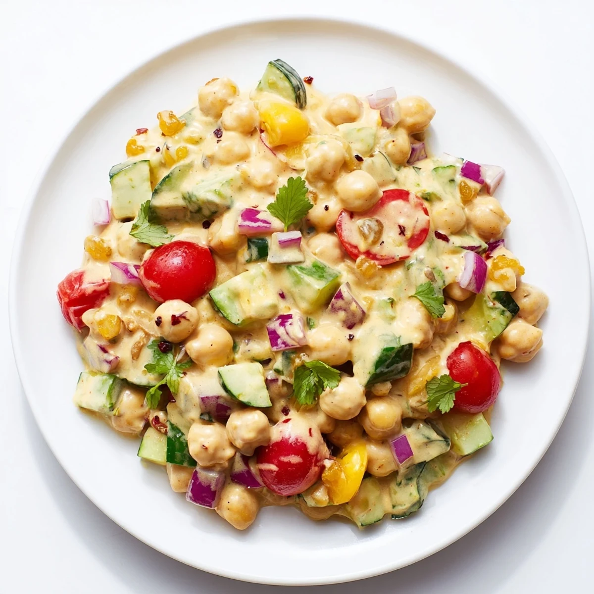 Bright yellow curried chickpea salad with crisp veggies and creamy dressing in a white bowl.