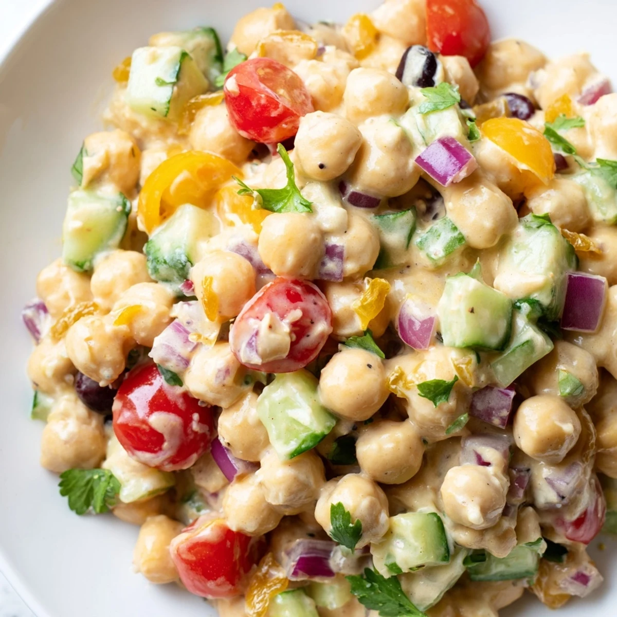 Colorful serving of curried chickpea salad paired with crisp lettuce cups on a rustic table.