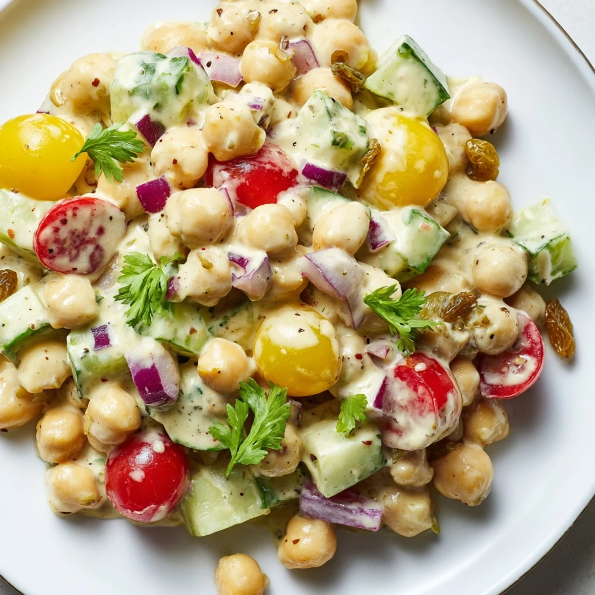 A close-up of curried chickpea salad featuring red onion, cherry tomatoes, and fresh cilantro.
