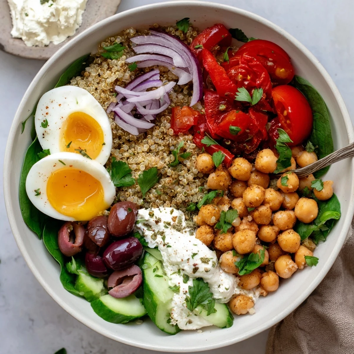 A close-up of vibrant High Protein Mediterranean Breakfast Bowls with jammy eggs, creamy Greek yogurt, and chickpeas on fluffy quinoa.
