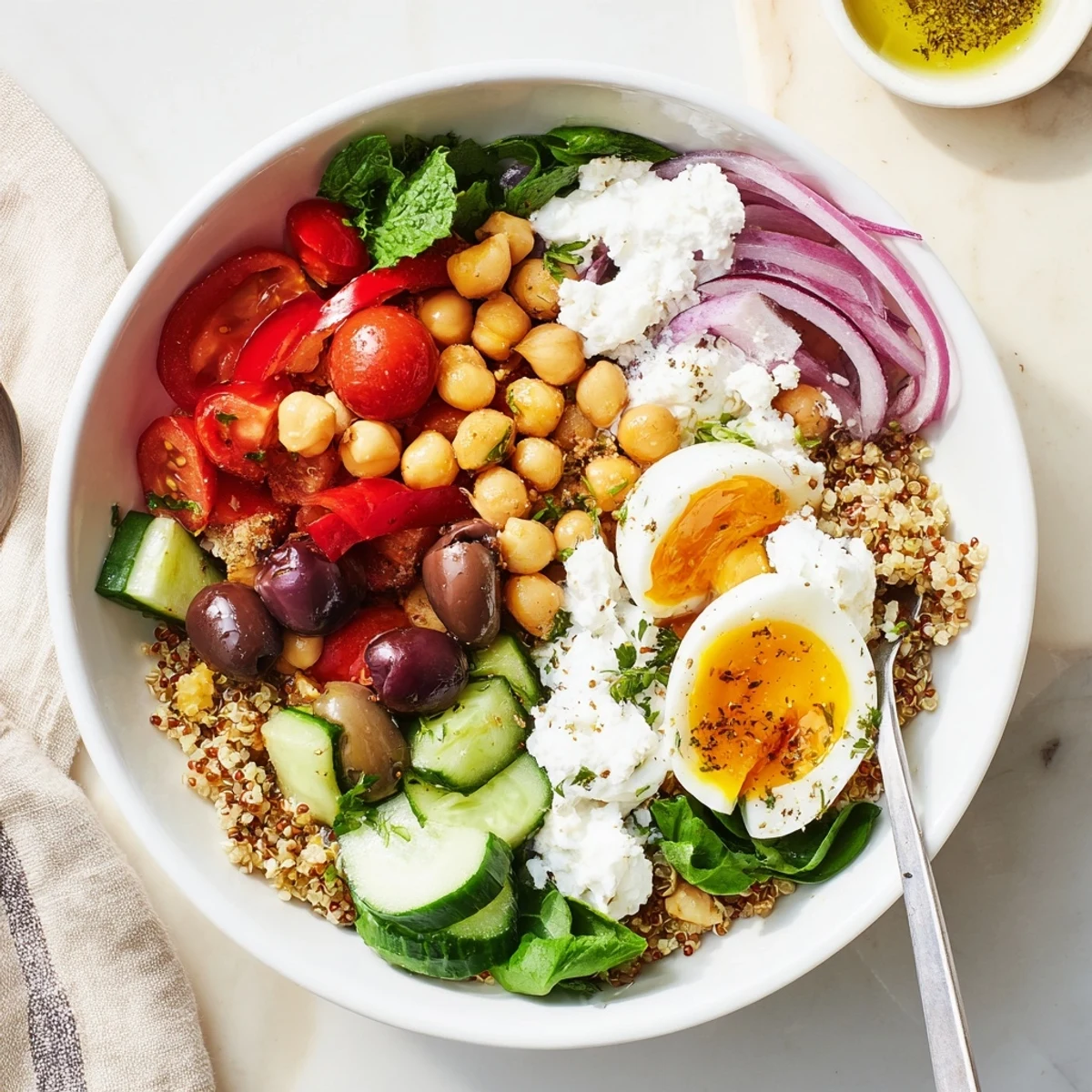 Enjoy High Protein Mediterranean Breakfast Bowls topped with roasted red peppers, a drizzle of olive oil, and lemon wedges on the side.