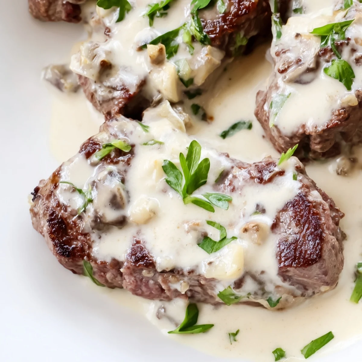 Juicy Garlic Butter Steak With Parmesan Cream Sauce is plated with mashed potatoes and thyme garnish.