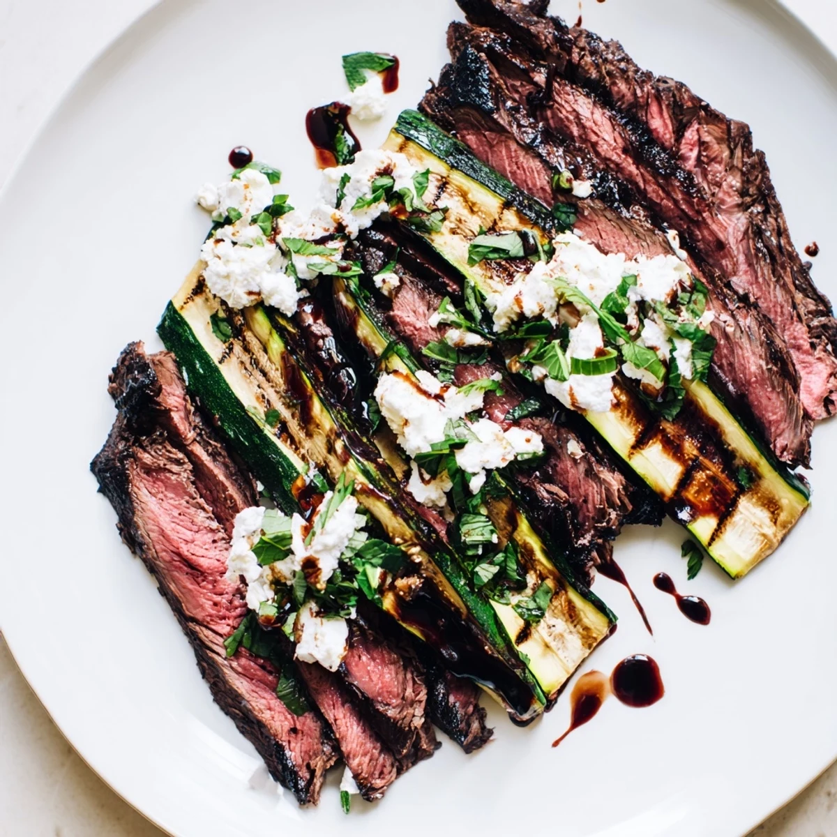 Juicy balsamic flank steak rests beside charred grilled zucchini and creamy whipped feta on a platter.