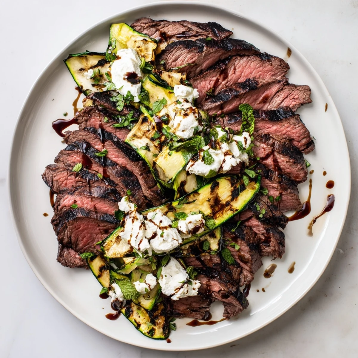 A Mediterranean-inspired plate of balsamic flank steak, smoky grilled zucchini, and whipped feta for dinner.