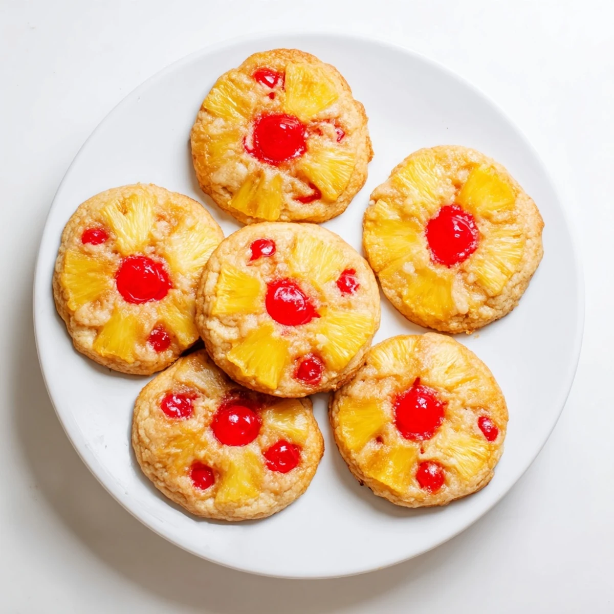 Golden-brown Pineapple Upside Down Sugar Cookies with caramelized fruit on a wire rack, drizzled with vanilla glaze and a scoop of ice cream.