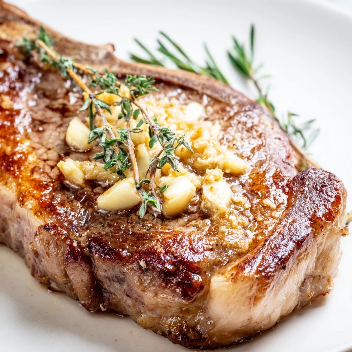 Sizzling Pan Seared Ribeye Steak fresh from a cast iron skillet, glistening with garlic butter and fresh herbs.