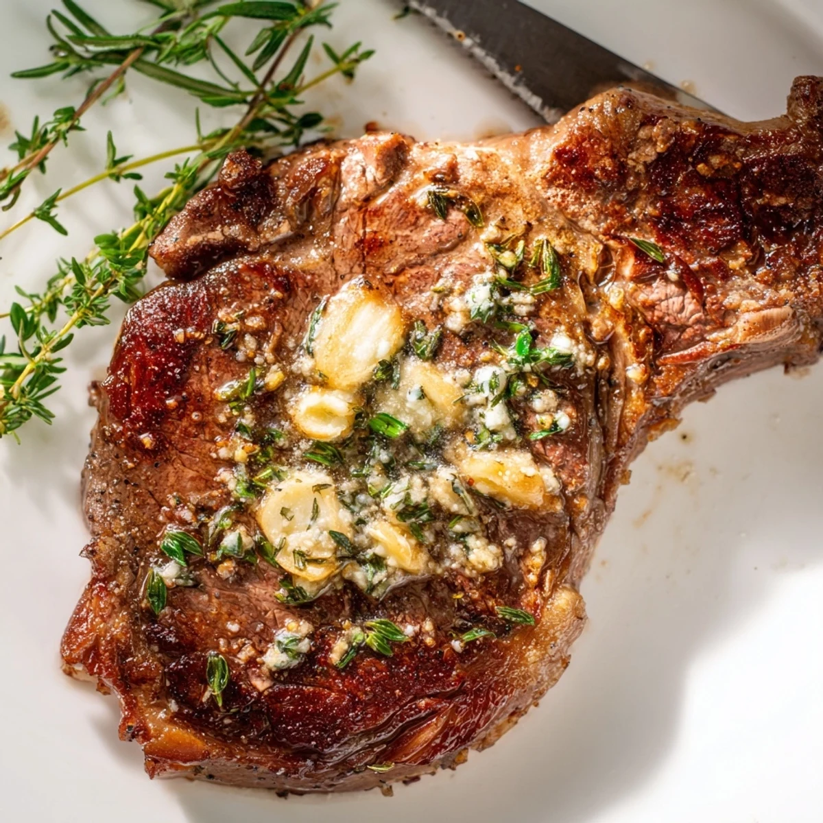 Perfectly seared Pan Seared Ribeye Steak sliced to reveal a pink interior, served alongside crispy roasted potatoes.