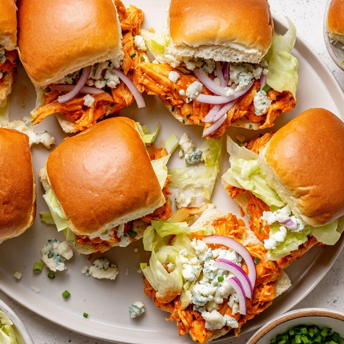 A close-up of warm Spicy Buffalo Chicken Sliders on a platter, showing juicy shredded chicken with creamy blue cheese crumbles and crisp lettuce in toasted buns.