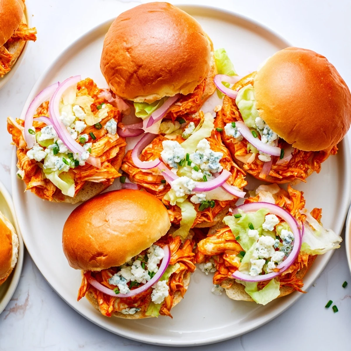 A serving platter of golden Spicy Buffalo Chicken Sliders, with soft toasted buns holding spicy shredded chicken, blue cheese, and fresh chives, ready to enjoy.