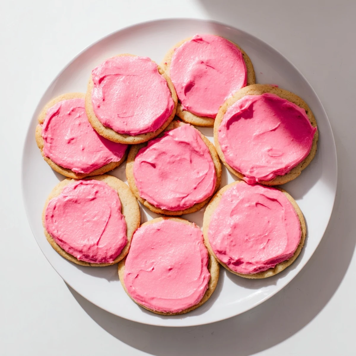 Homemade Crumbl Pink Sugar Cookies with pink almond frosting on a baking sheet.