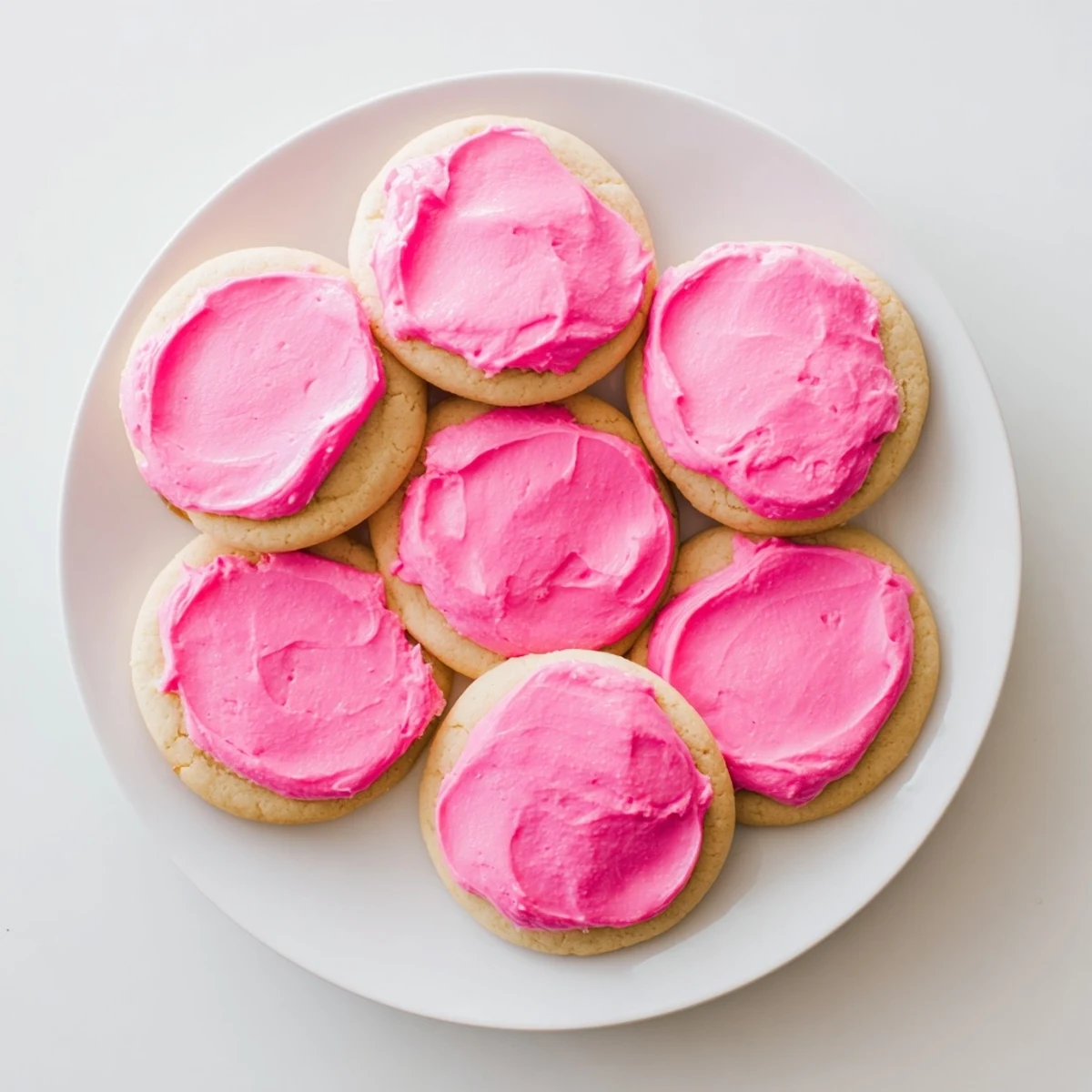 Freshly frosted Crumbl Pink Sugar Cookies stacked on a white plate for serving.
