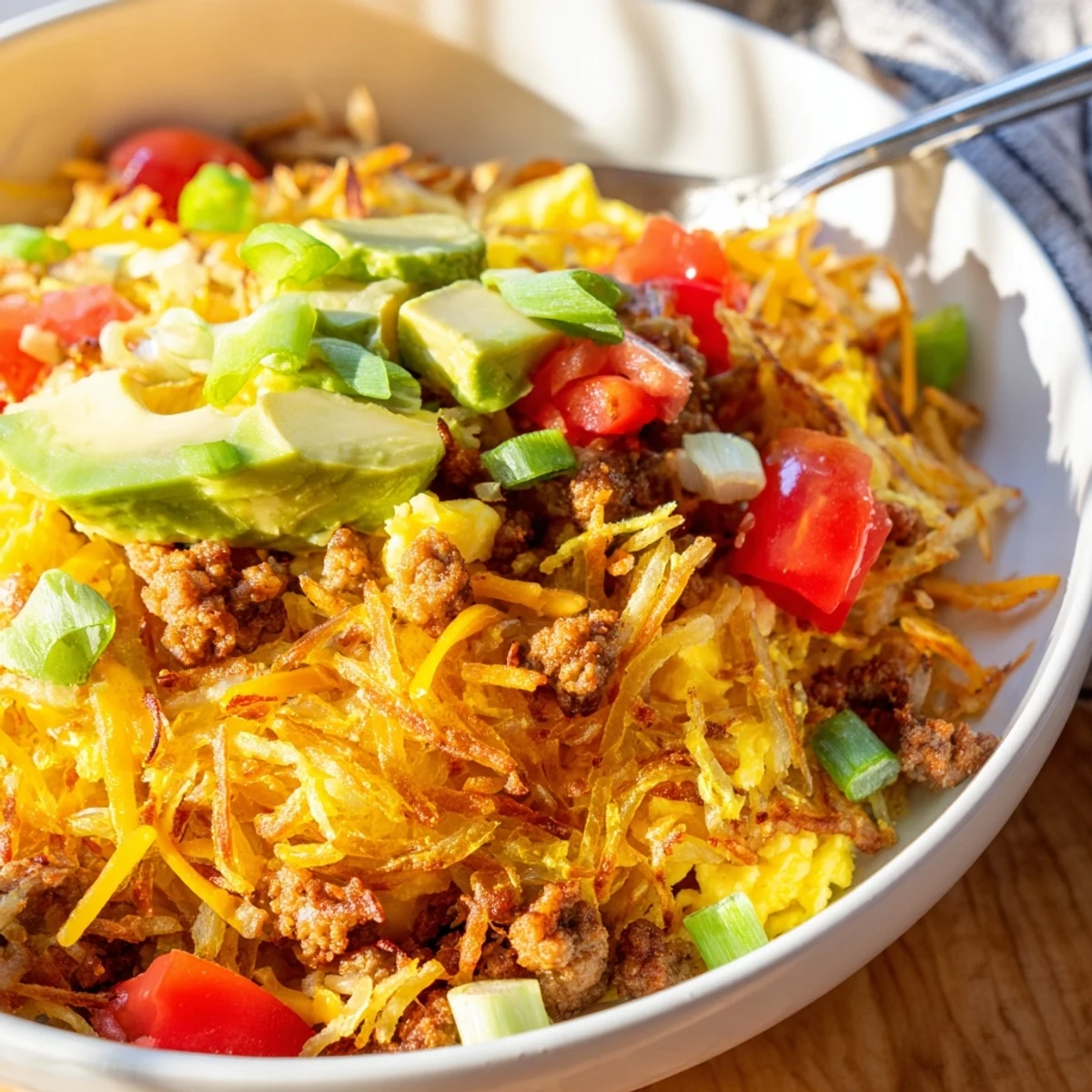 Crispy golden hash browns topped with fluffy eggs, savory sausage, and fresh avocado slices in a hearty Hash Brown Breakfast Bowl.