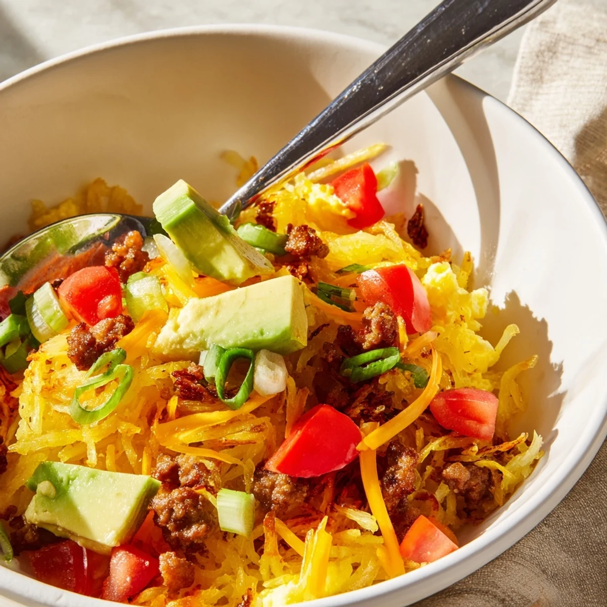 A close-up of Hash Brown Breakfast Bowls with melted cheddar, diced tomatoes, and a drizzle of hot sauce for a savory kick.
