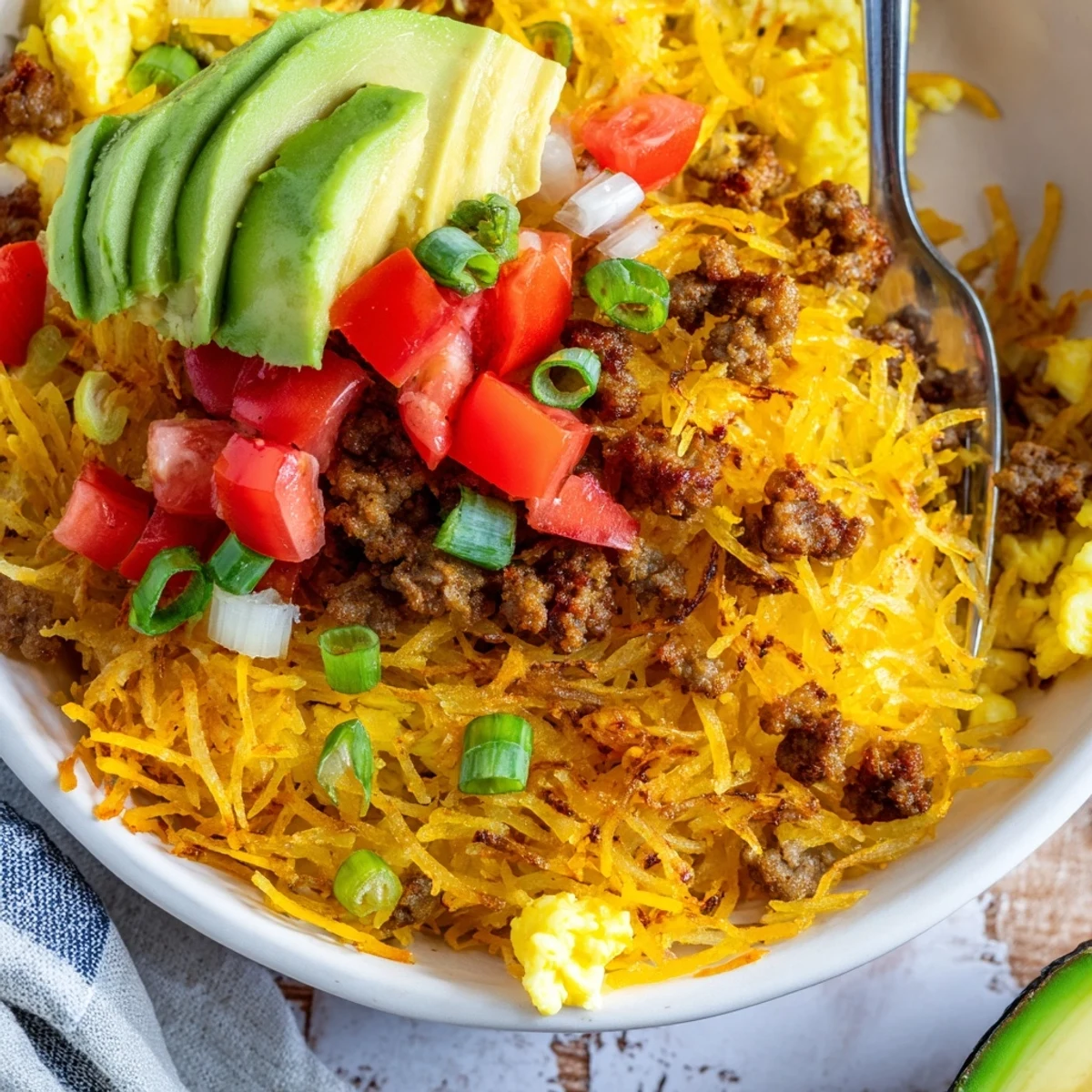Serving suggestion for Hash Brown Breakfast Bowls featuring scrambled eggs, crumbled sausage, and vibrant green onions over crunchy potatoes.