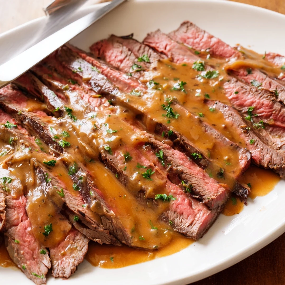 A juicy sliced flank steak with roasted garlic sauce on a plate next to green beans.