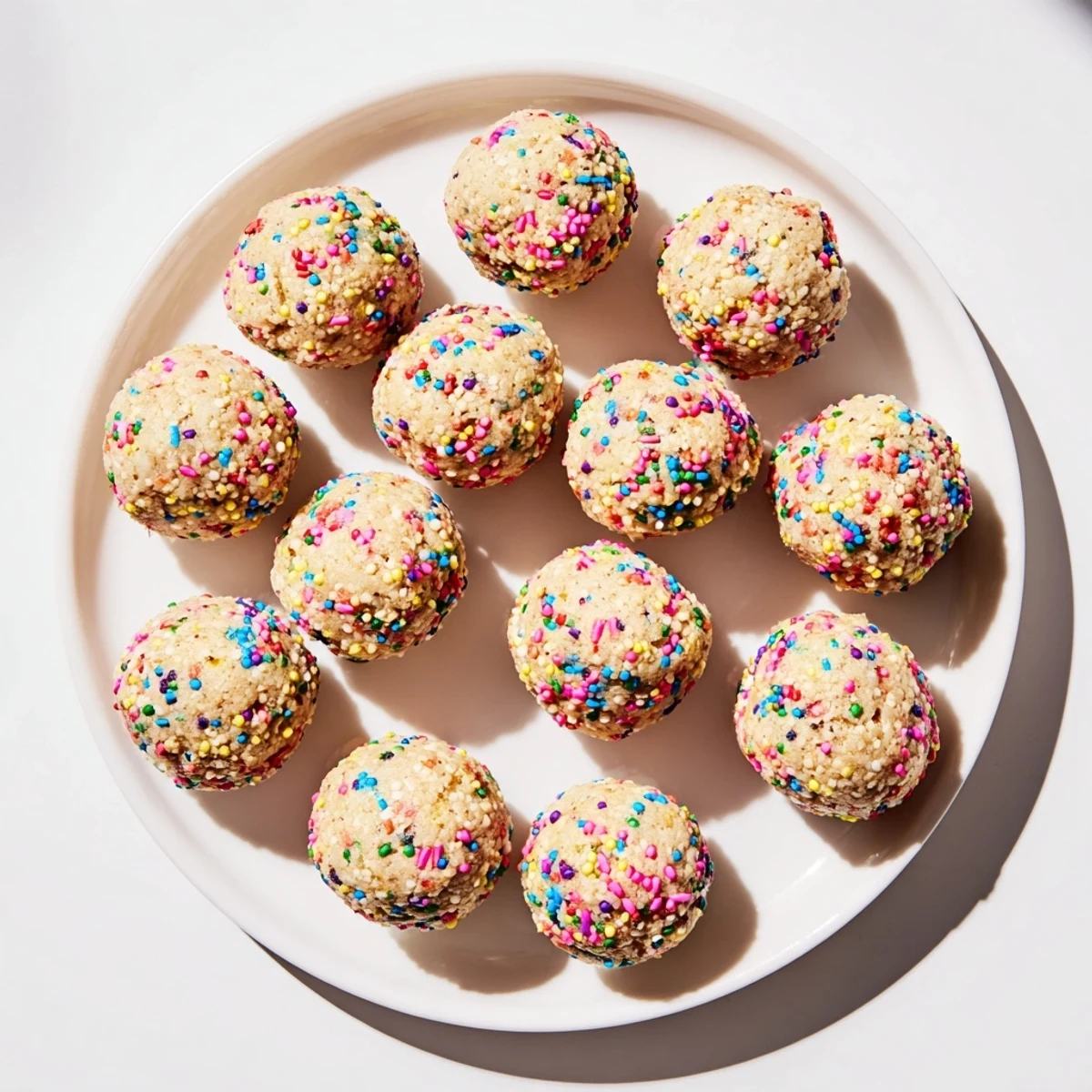 Birthday Cake Batter Protein Balls arranged in a neat row, showcasing their soft, no-bake texture.