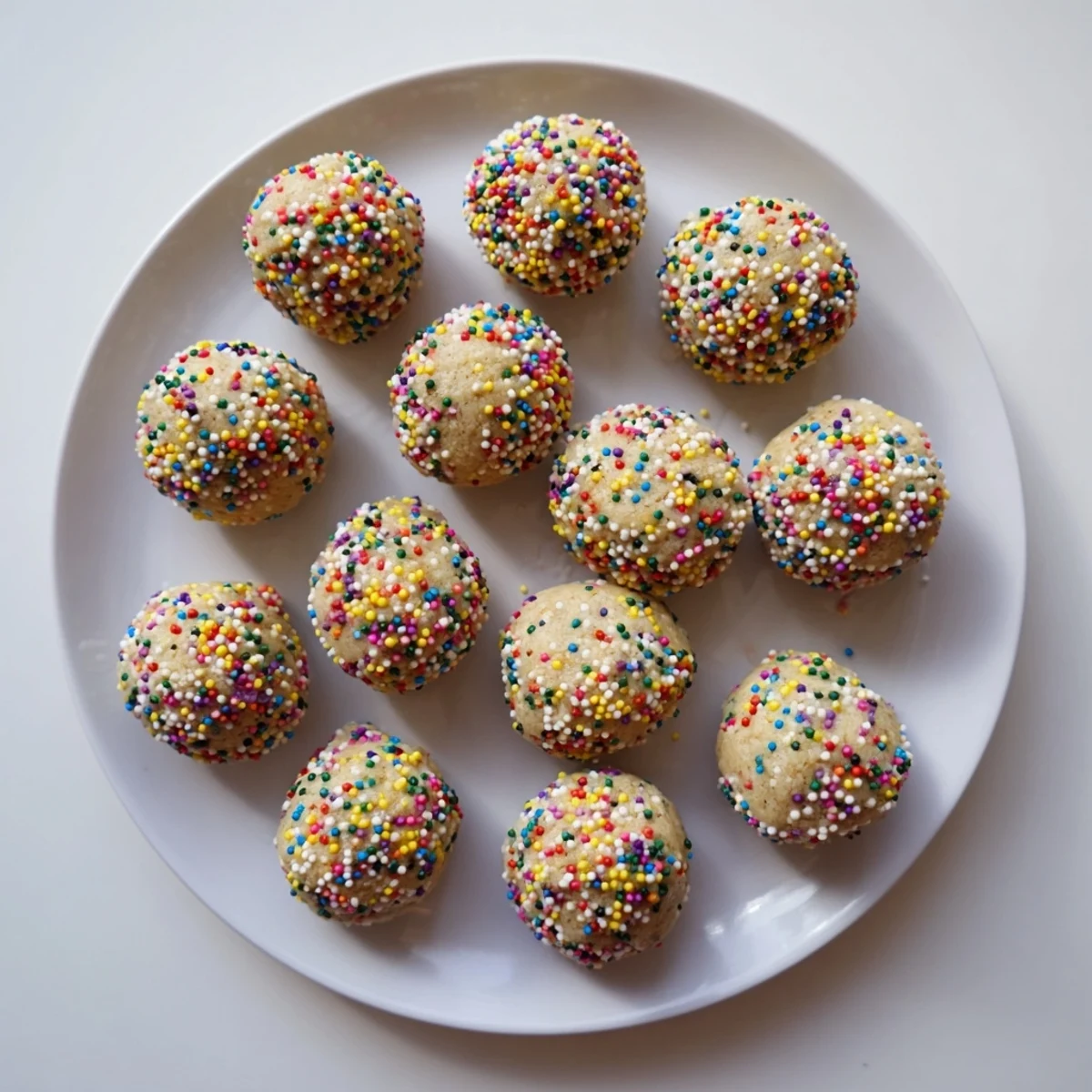 Freshly rolled Birthday Cake Batter Protein Balls coated with rainbow sprinkles on a wooden board.