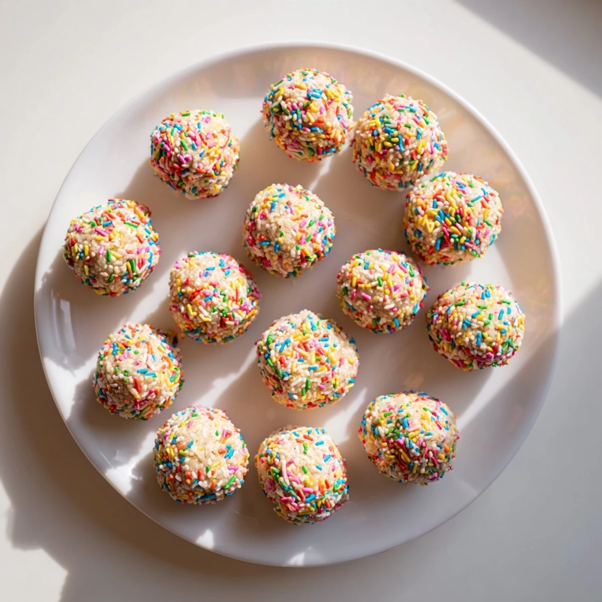 Close-up of Birthday Cake Batter Protein Balls with vibrant sprinkles, perfect for a healthy snack.