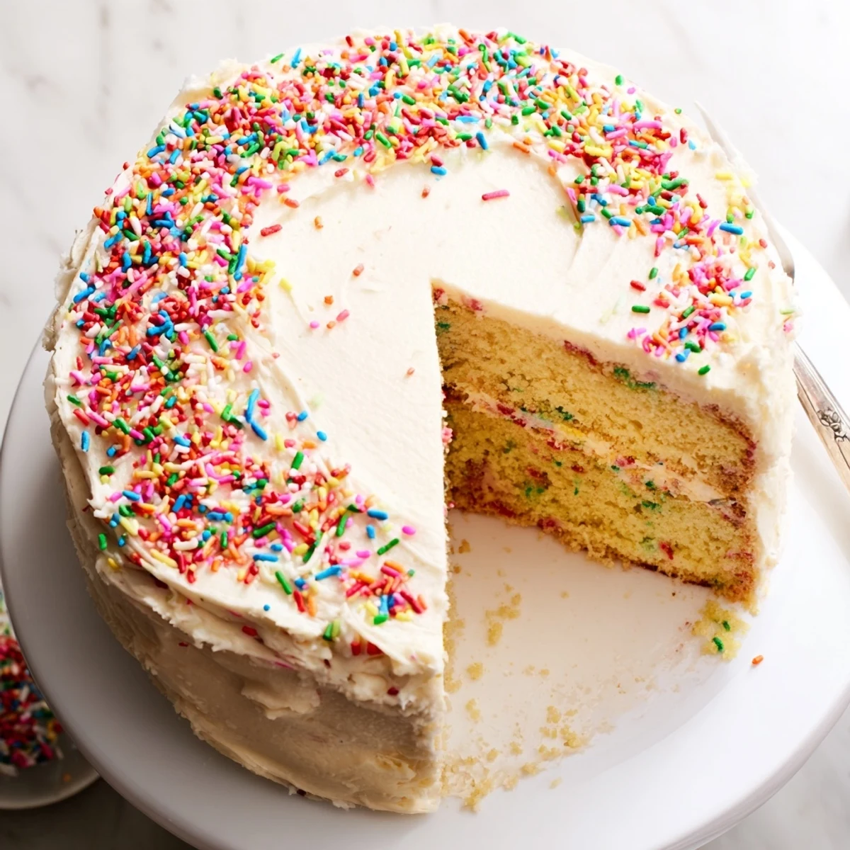 Moist, vibrant gluten-free funfetti birthday cake with fluffy vanilla frosting and colorful sprinkles on a festive plate.