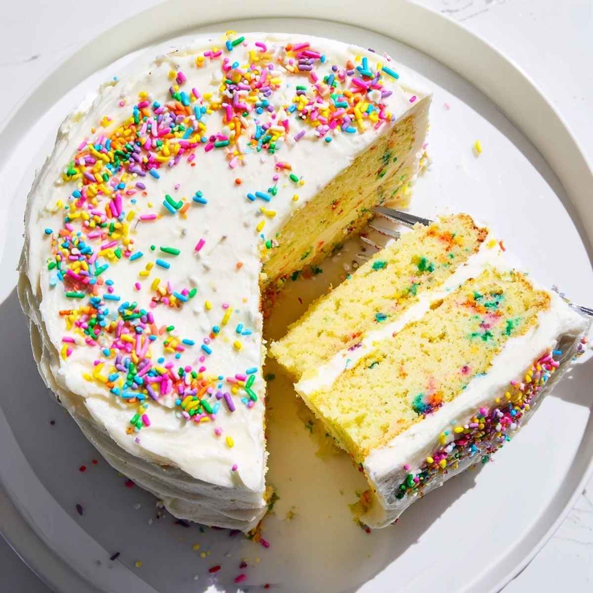 A slice of gluten-free funfetti birthday cake on a dessert plate, showing soft crumb and sweet frosting.