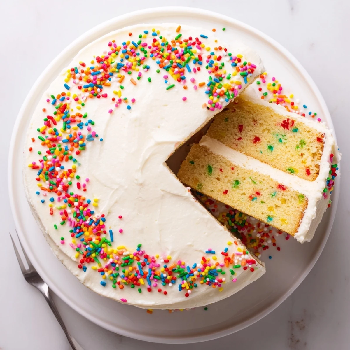 Gluten-free funfetti birthday cake layers stacked high, with creamy frosting and rainbow sprinkles ready for slicing.