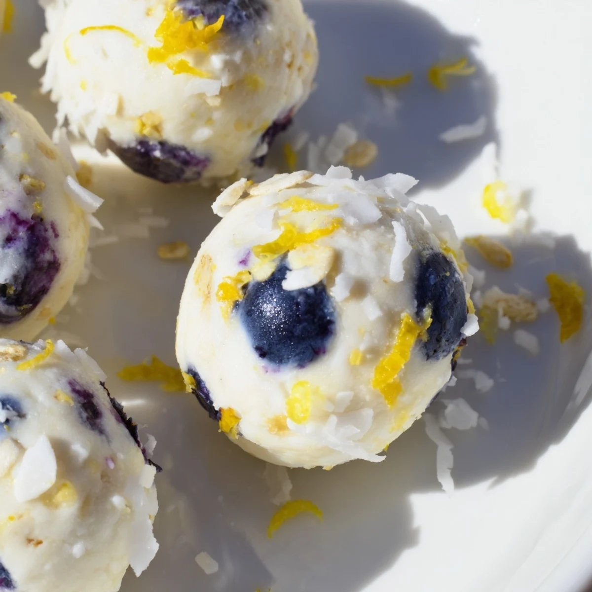 These Lemon Blueberry Cottage Cheese Protein Bites are rolled in coconut and look perfect for a healthy snack.  
