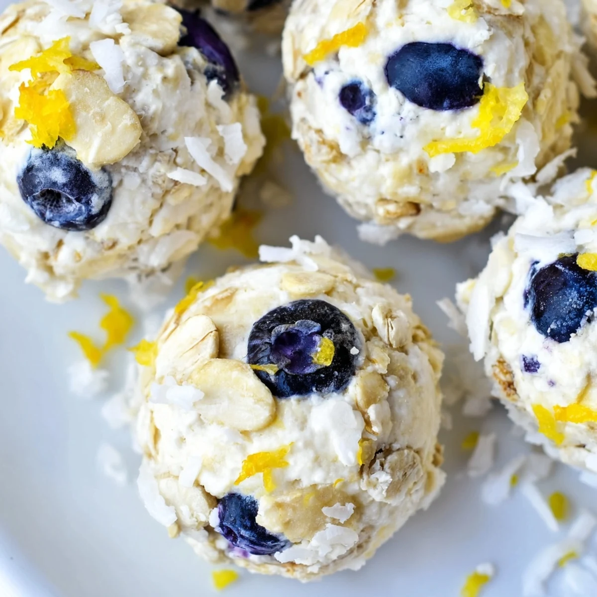 A close-up shows the purple blueberry specks in these Lemon Blueberry Cottage Cheese Protein Bites.