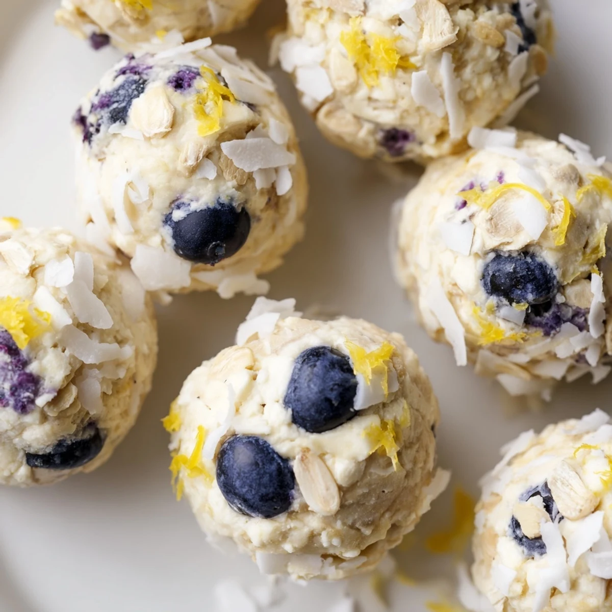 On a white plate, several Lemon Blueberry Cottage Cheese Protein Bites are displayed near fresh blueberries.  