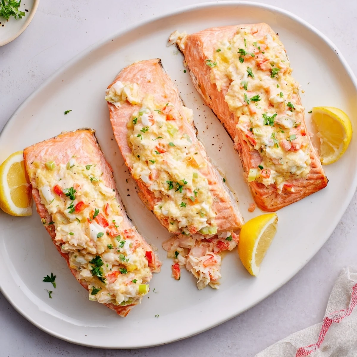 Crab & Shrimp Stuffed Salmon on a white plate, garnished with lemon wedges and fresh parsley.