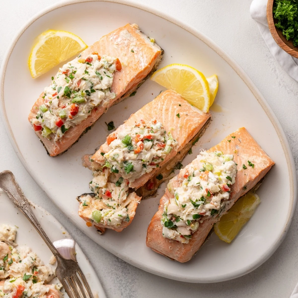 Baked Crab & Shrimp Stuffed Salmon served with asparagus and wild rice, a pescatarian dinner delight.