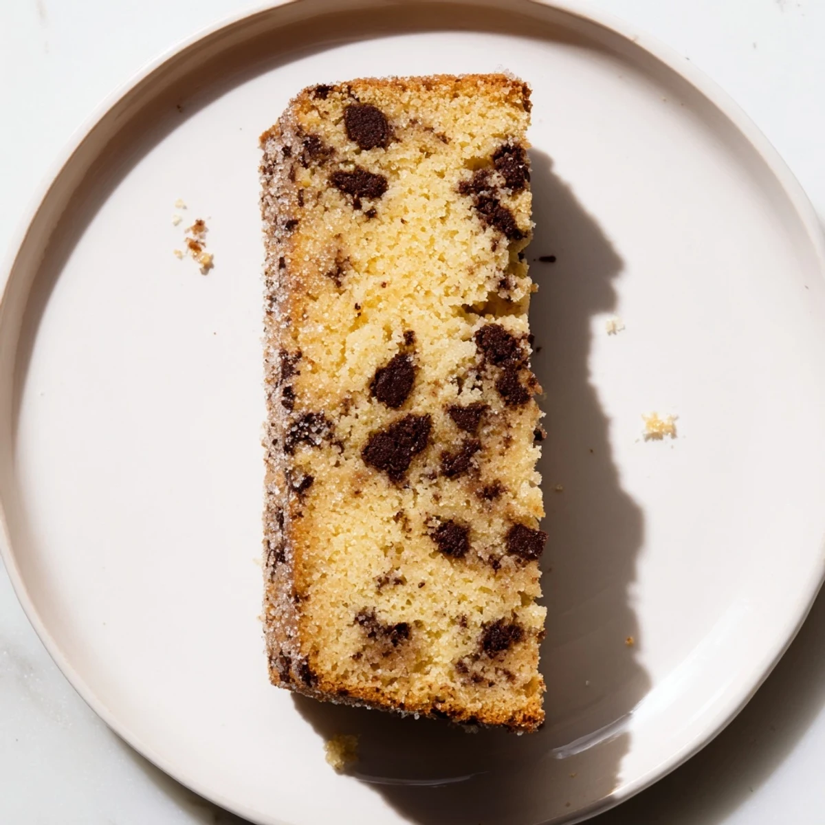 A moist slice of Chocolate Chip Cake with melted chocolate chips on a white plate.
