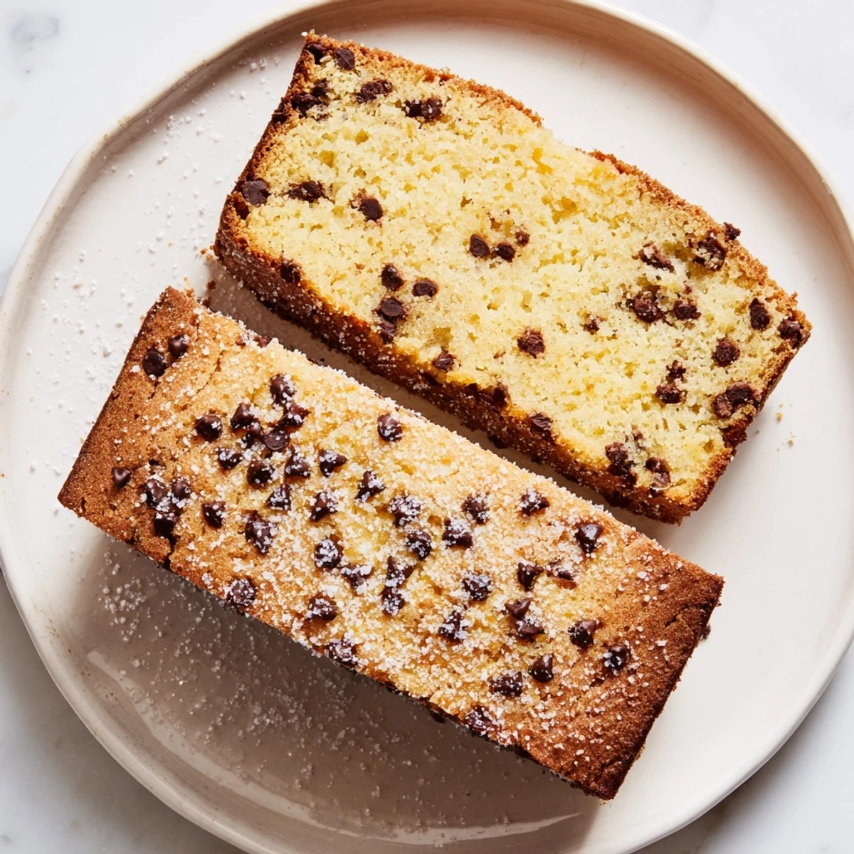 Close-up of a freshly baked Chocolate Chip Cake with chocolate chips on top.