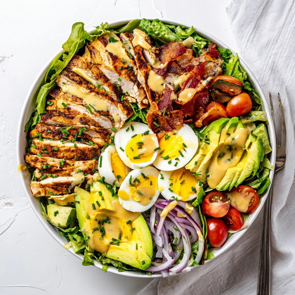 A close-up shows hard-boiled egg quarters and smoky bacon bits atop colorful salad, ready for a drizzle of honey Dijon dressing at a summer picnic.