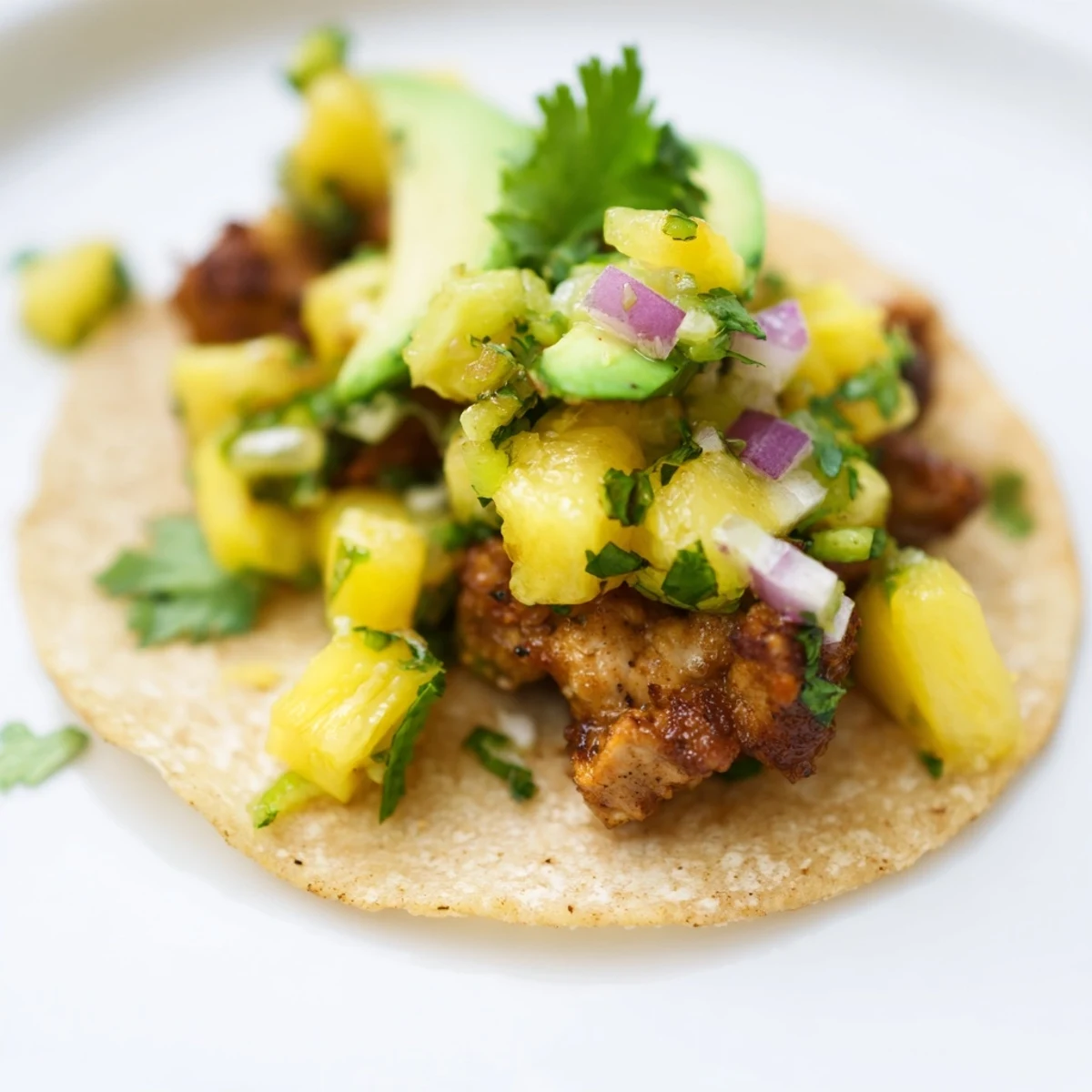 Pineapple Chicken Tacos served on warm corn tortillas with fresh avocado slices and cilantro.