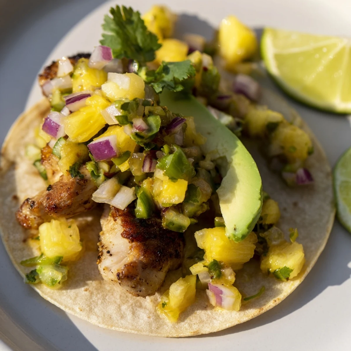Overhead view of Pineapple Chicken Tacos with lime wedges and vibrant pineapple salsa garnish.