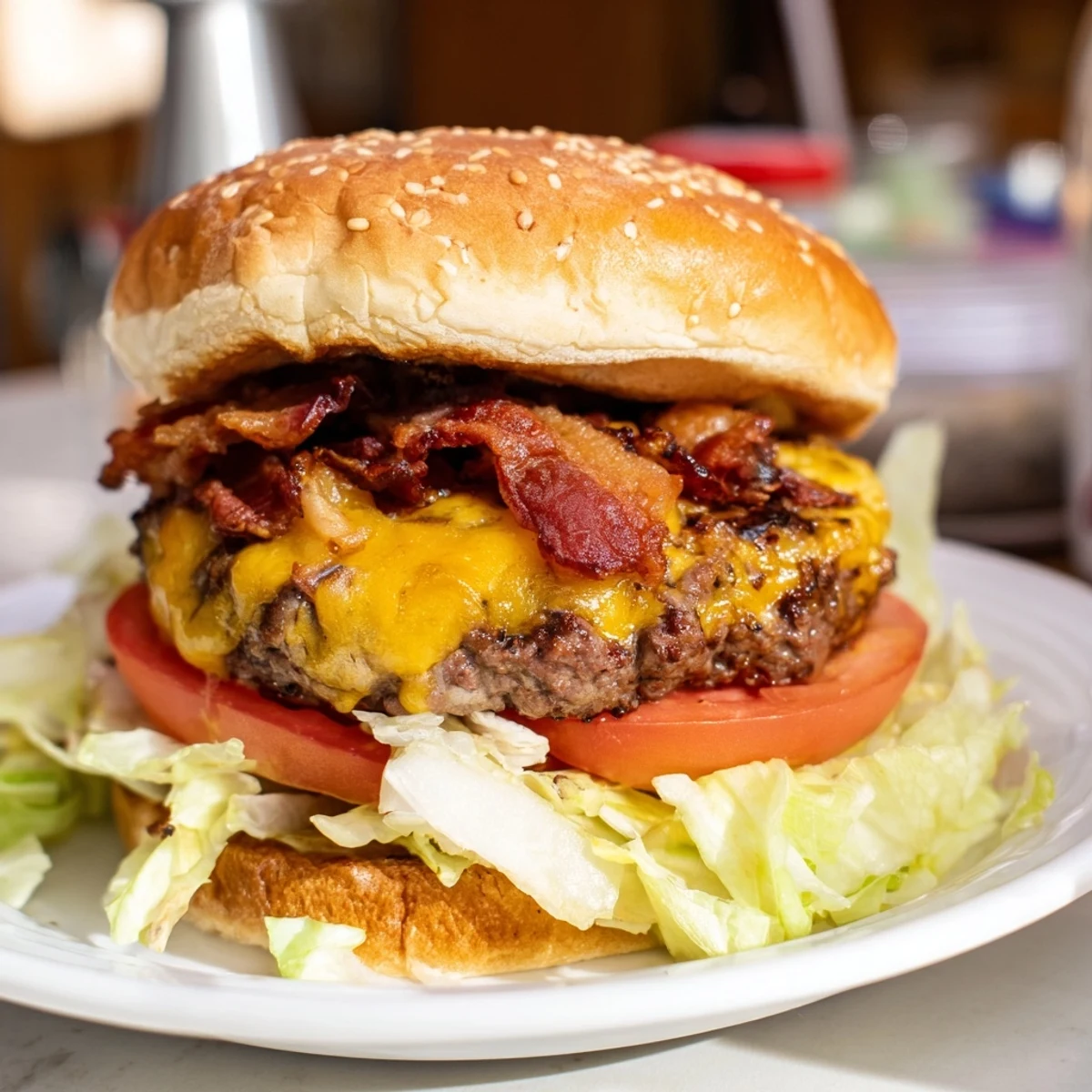Crack Burgers piled high with crispy bacon, shredded lettuce, tomato, and fried onions, resting on a checkered picnic tablecloth for a classic American look.