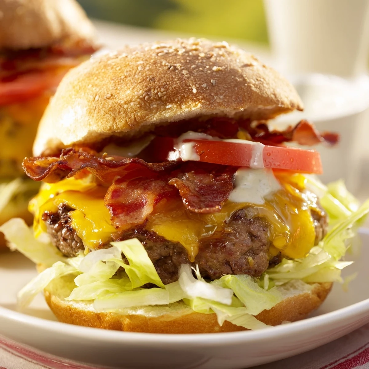 Close-up of a juicy Crack Burgers with melted cheddar, crispy bacon strips, and creamy ranch sauce on a toasted bun, served with fries.