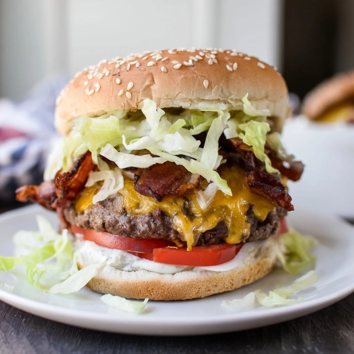 Four golden-toasted Crack Burgers arranged on a wooden board, each topped with cheddar, ranch drizzle, and fresh tomato slices for a family-style dinner.