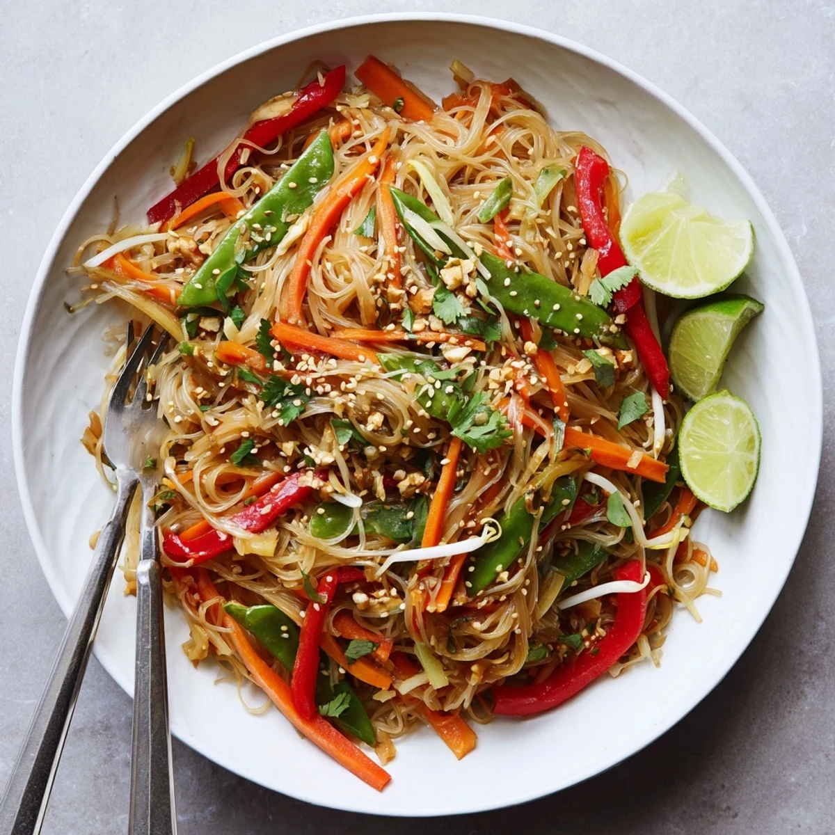 A close-up of colorful Rice Noodle Stir Fry with crisp vegetables in a glossy savory sauce.
