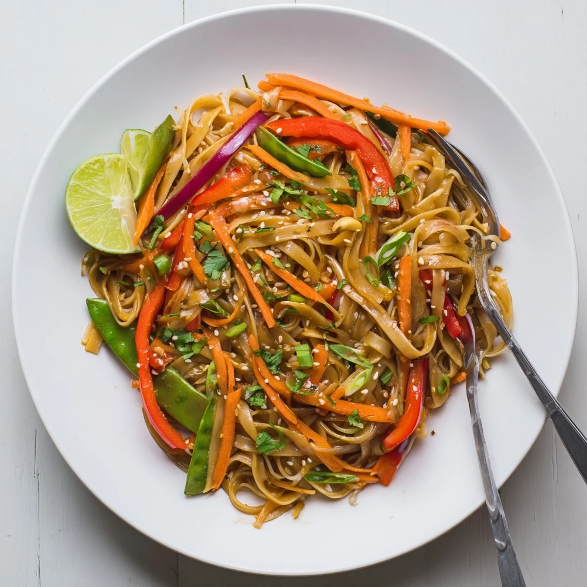 Steaming hot Rice Noodle Stir Fry in a wok, topped with fresh cilantro and toasted sesame seeds.