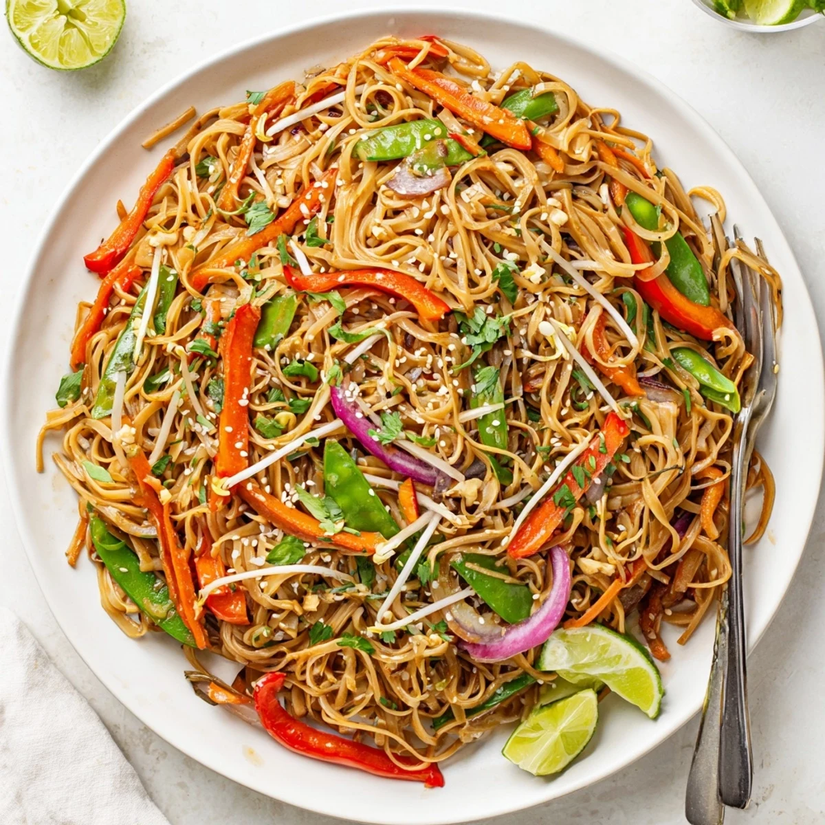 A vibrant plate of Rice Noodle Stir Fry served with lime wedges on a rustic wooden table.