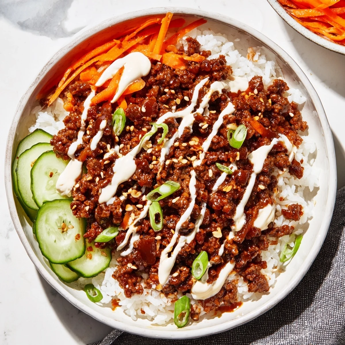 Serving suggestion for Korean Beef Bowl with Spicy Mayo: a hearty, quick dinner with savory beef and creamy sauce over warm rice.
